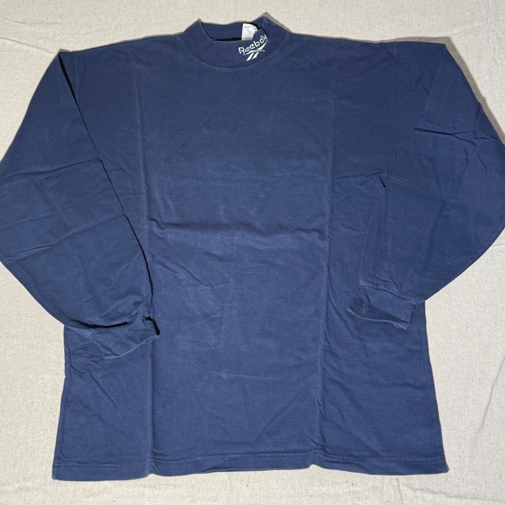 Vintage Reebok Mock Neck Long Sleeve T-Shirt Navy Blue Embroidered Logo Mens M